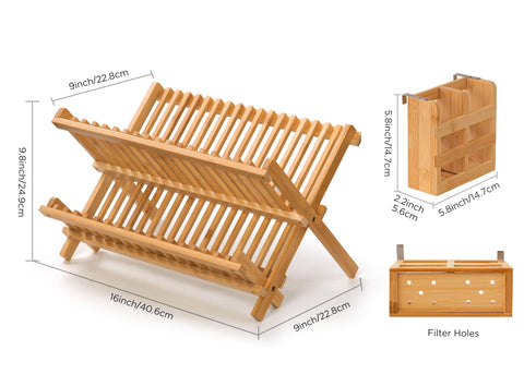 Oyydecor bamboo dish drying rack side-tier accommodates cups and bowls for efficient drying.