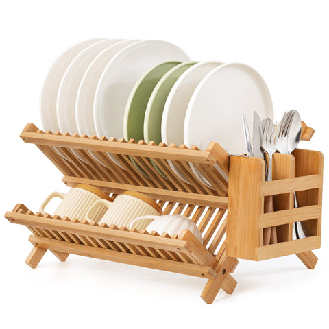 Oyydecor bamboo dish drying rack top-tier holds up to 18 plates for organized meal cleanup.