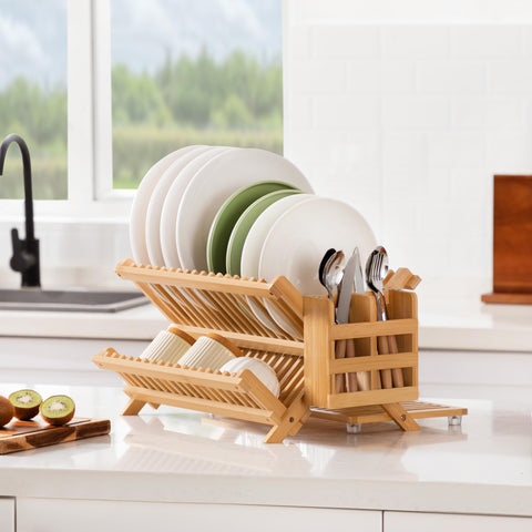 Oyydecor bamboo dish drying rack utensil holder with drainage holes for drying.