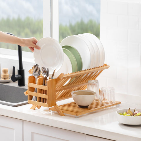 Oyydecor bamboo dish drying rack utensil holder front vent for drainage.