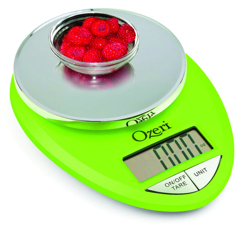 Ozeri Pro automatic tare subtracts container weight for net ingredient weight.