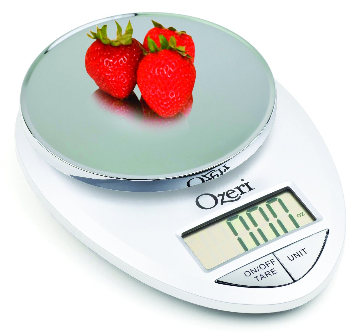 Ozeri Pro Digital Scale chrome platform for precise ingredient weighing in busy kitchens.