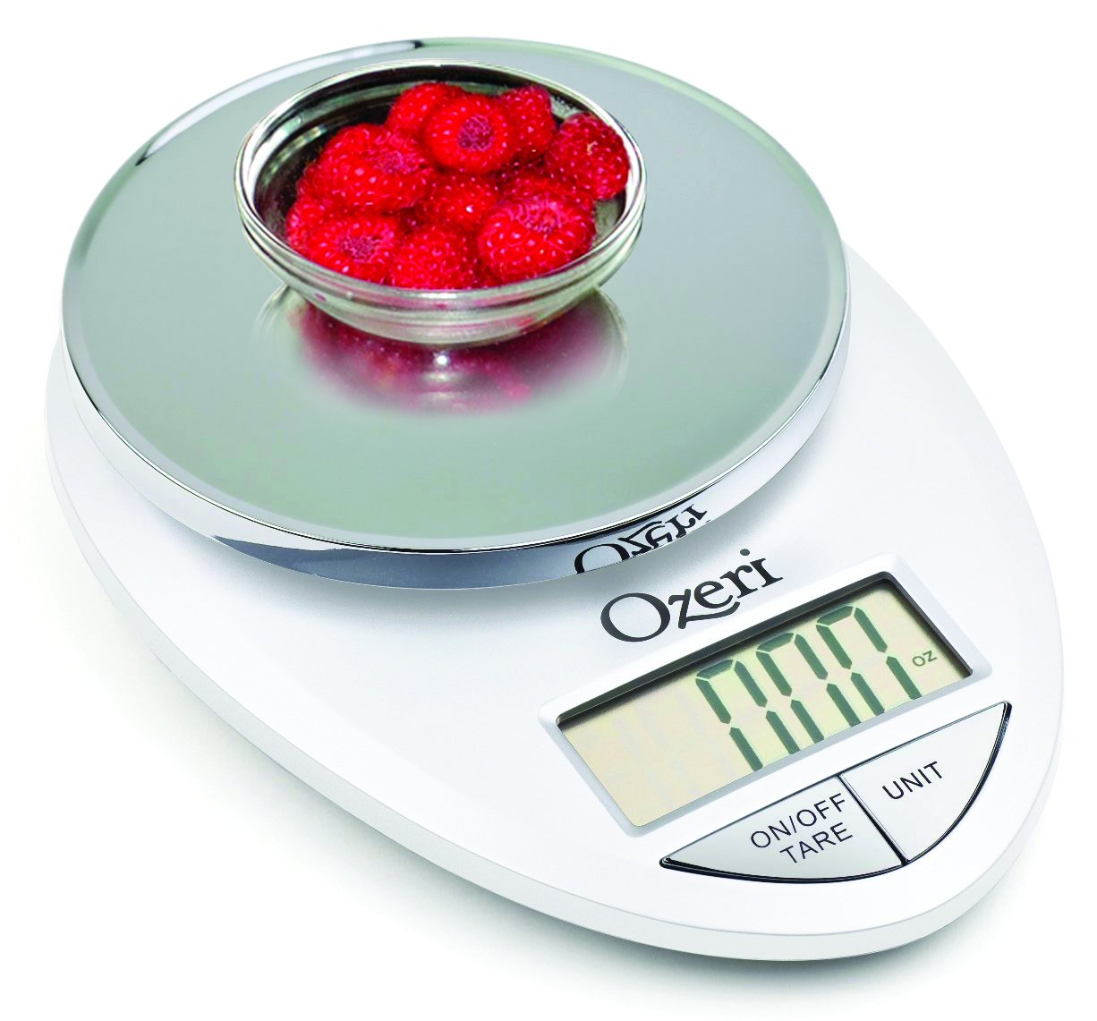 Ozeri Pro Digital Scale tare function subtracts container weight for net ingredients.