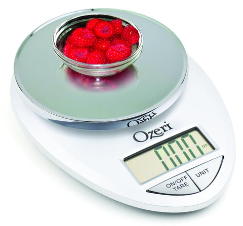 Ozeri Pro Digital Scale tare function subtracts container weight for net ingredients.