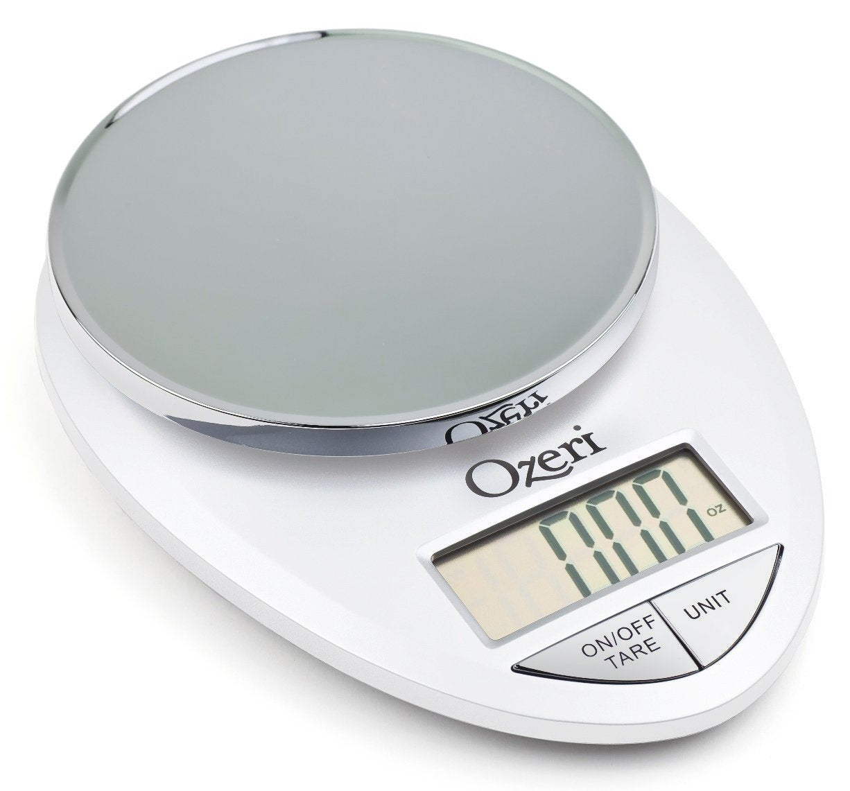 Ozeri Pro Digital Scale switches between grams, ounces, pounds, and kilograms.