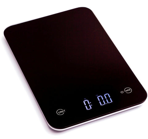 Ozeri Touch on tempered glass surface for precise measurements in the kitchen.