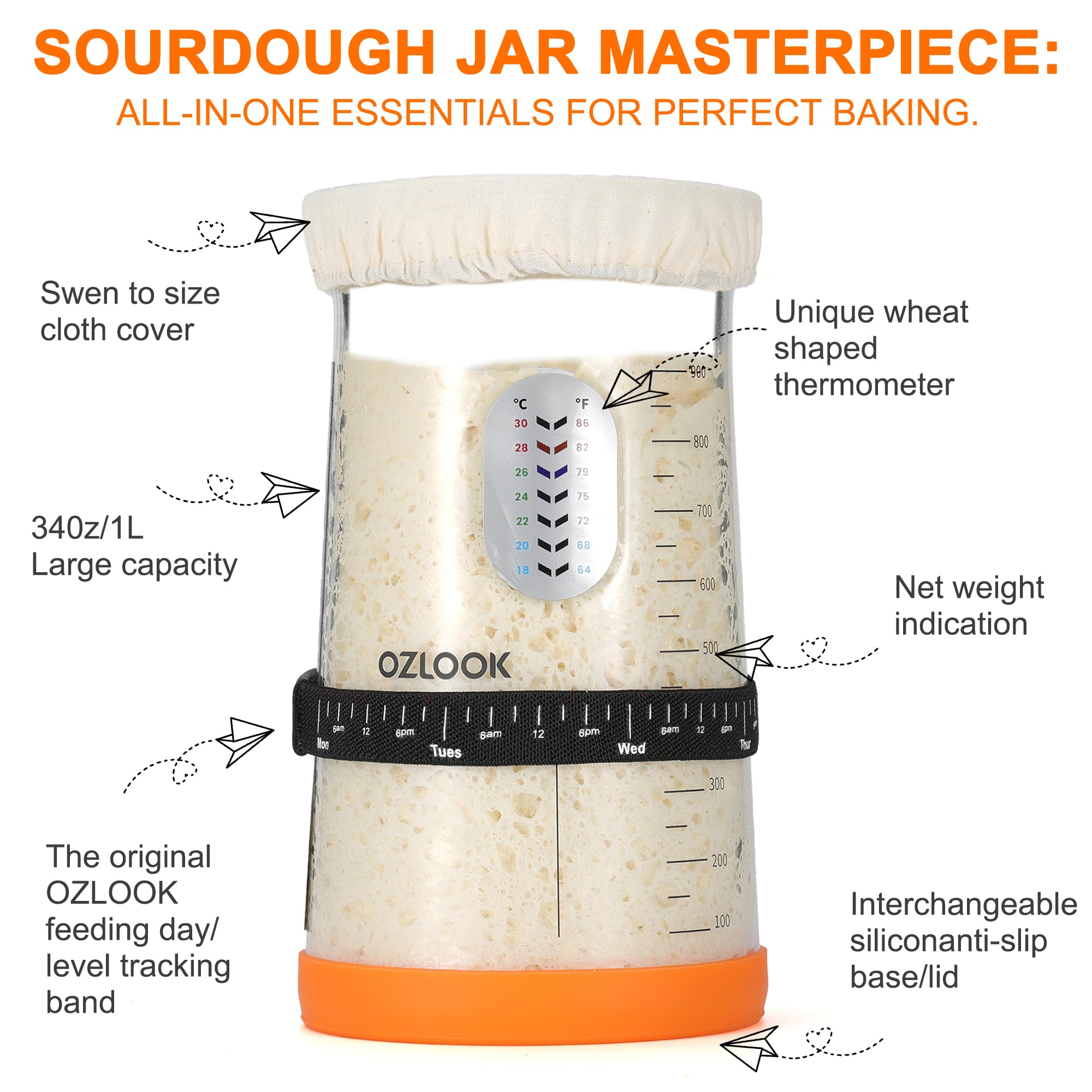 OZLOOK 34oz Sourdough Starter Jar ready for feeding and tracking progress