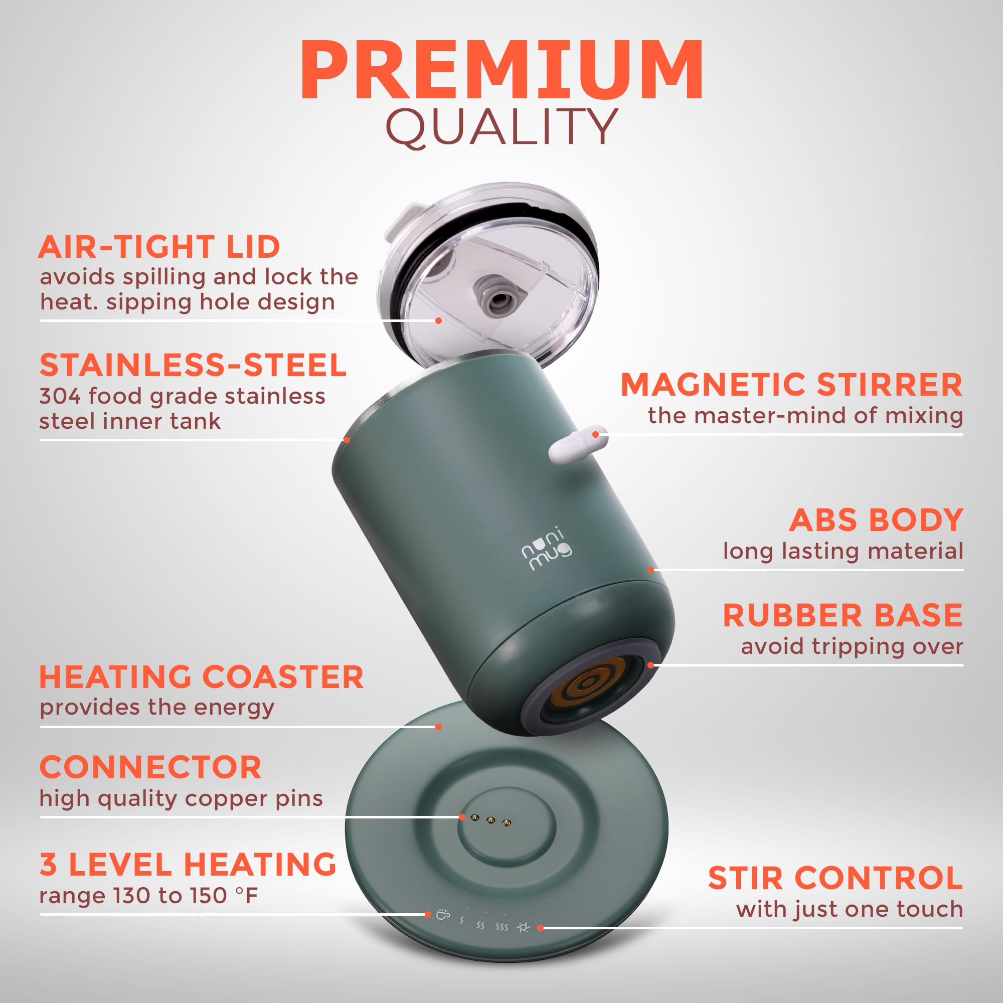OZTANCE mug shows three temperature levels for warming, hot, or piping heat.