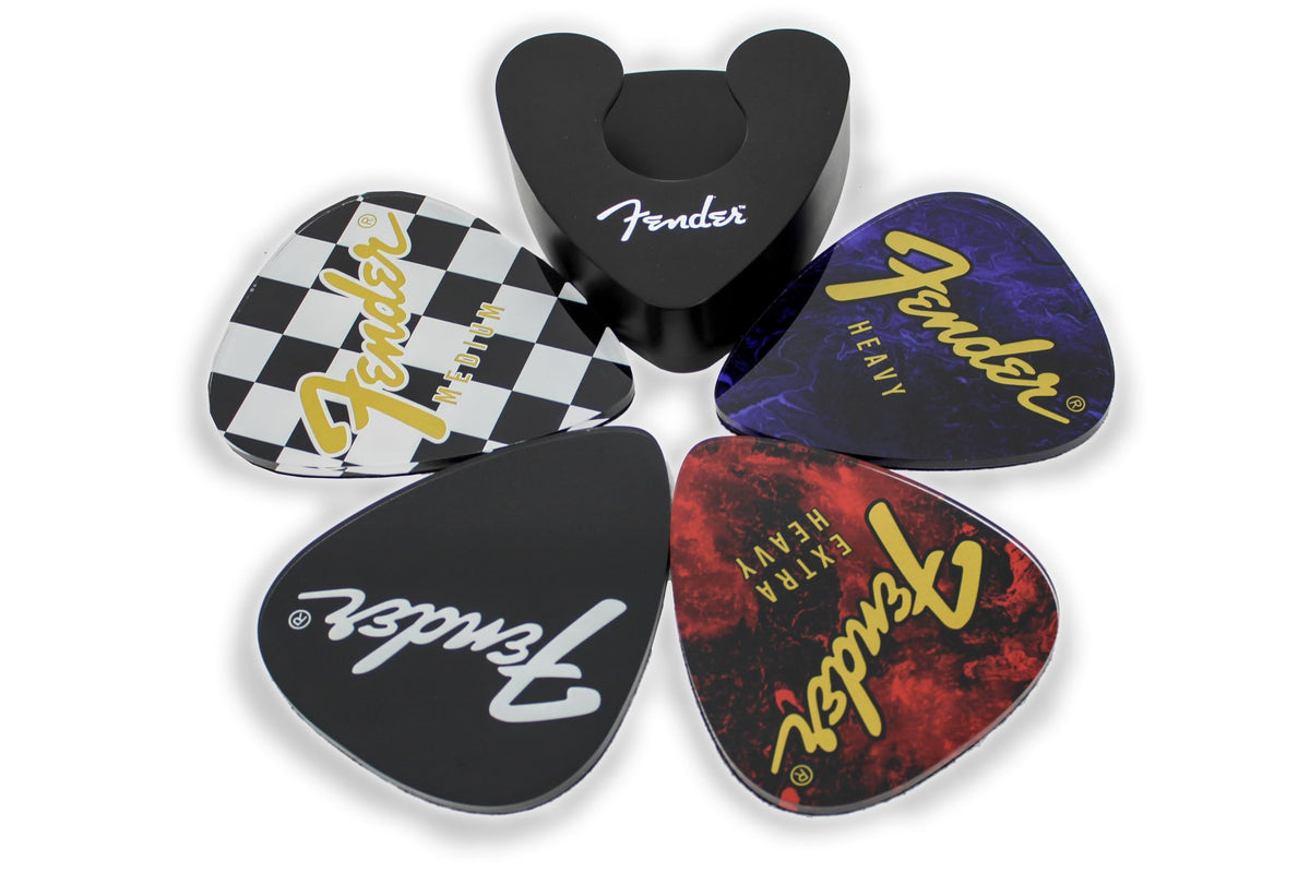 P Pluginz Fender guitar pick coaster design 1 in clear acrylic for stylish table protection.