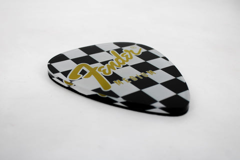 P Pluginz Fender guitar pick coaster design 2 close-up reveals clear acrylic clarity.