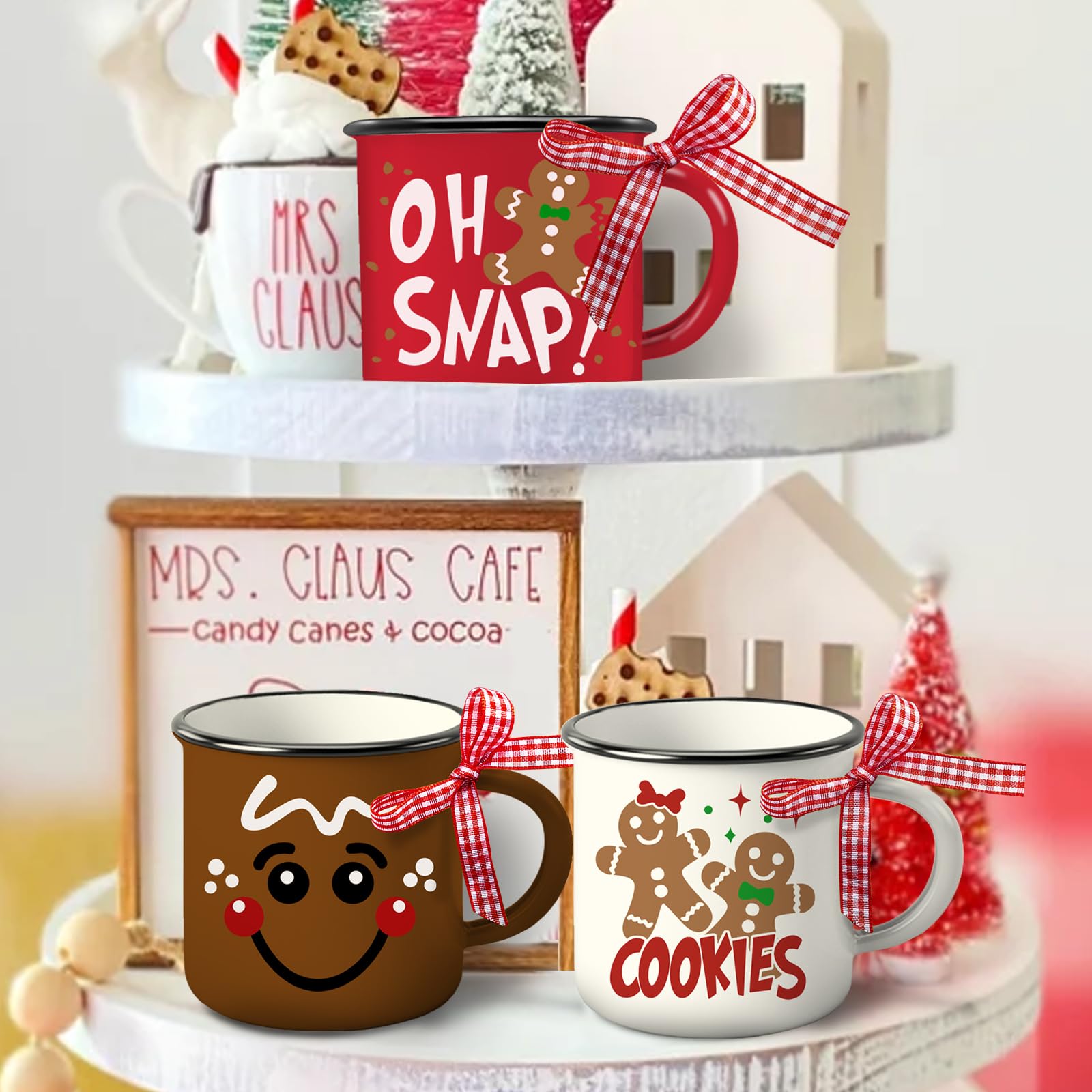Three 5 oz Paayna mugs with buffalo plaid ribbons ready as a charming centerpiece.