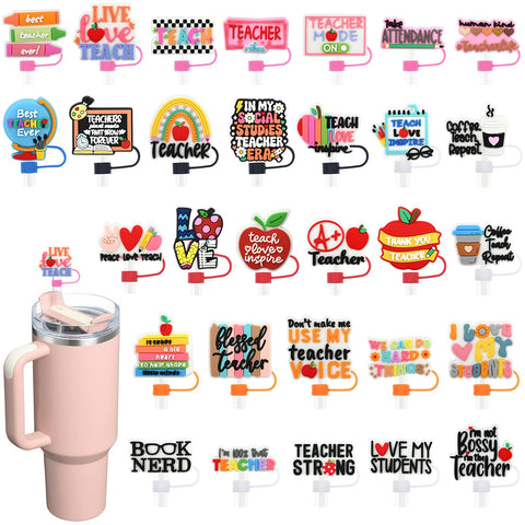 Pabucle 30-pack teacher straw covers cap adds playful classroom charm to drinks.