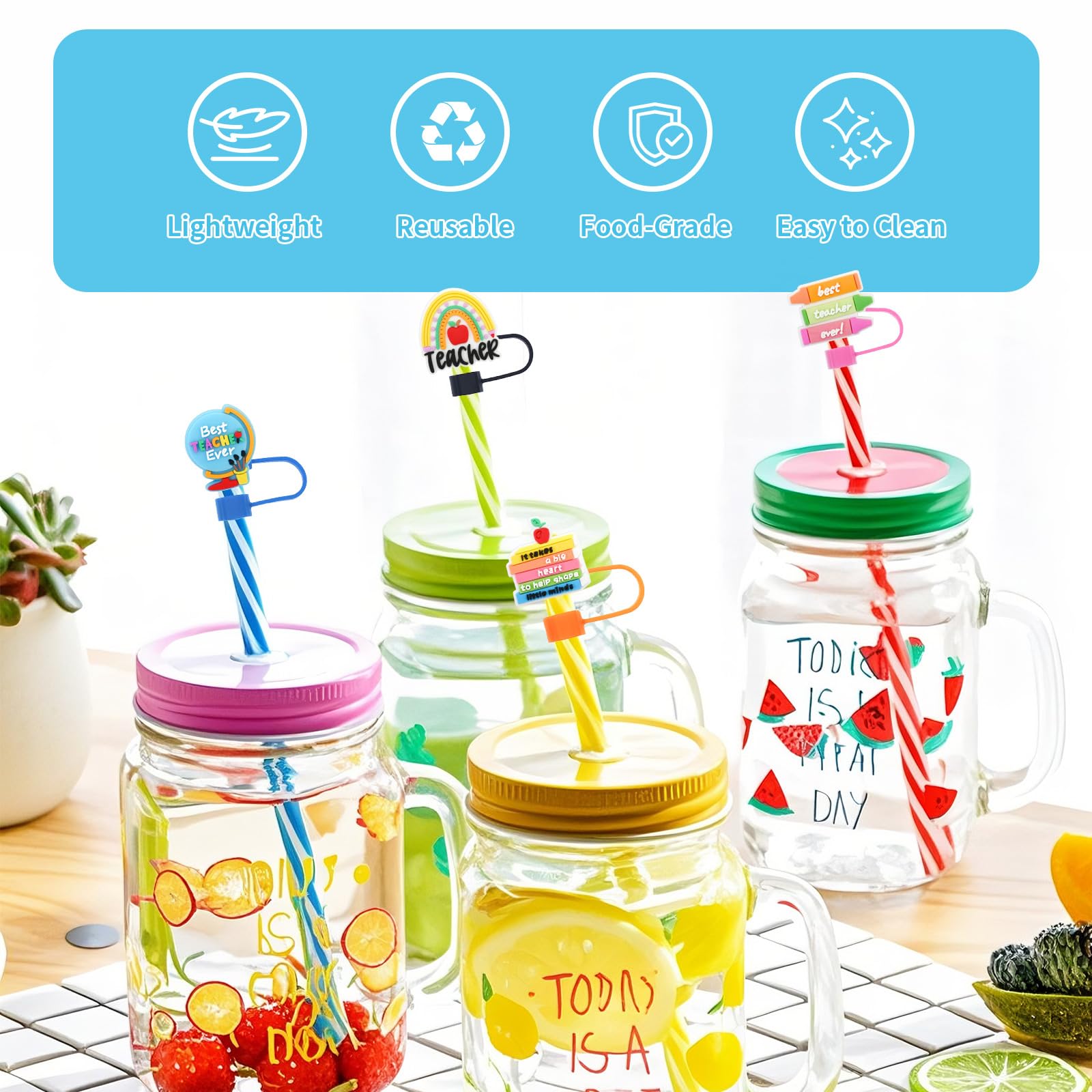 Pabucle teacher-themed straw covers brighten events and classroom celebrations.