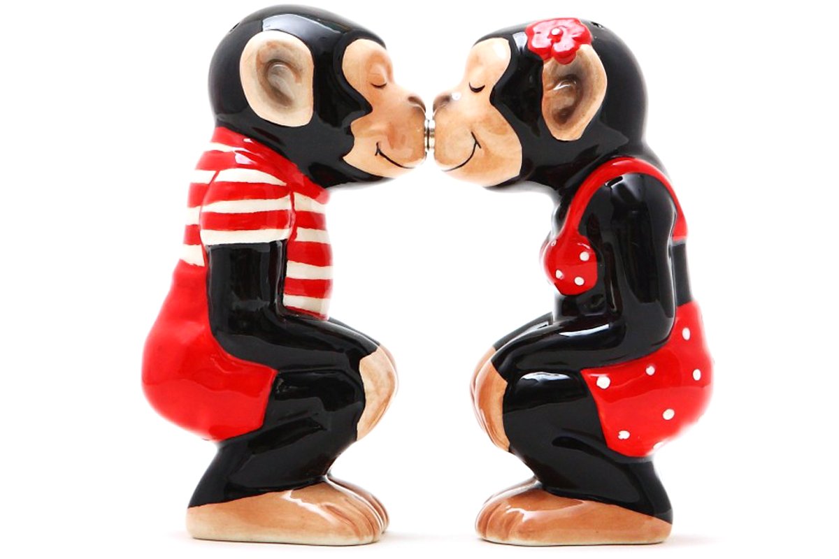 Pacific Giftware Boy and Girl Chimps kissing salt and pepper shaker set for charming table decor.