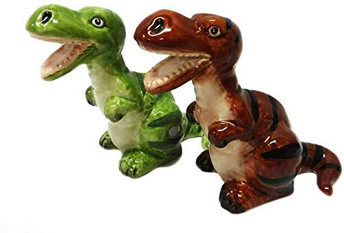 Pacific Giftware dinosaur magnetic pepper shakers, front view, keeps table tidy and flavorful.