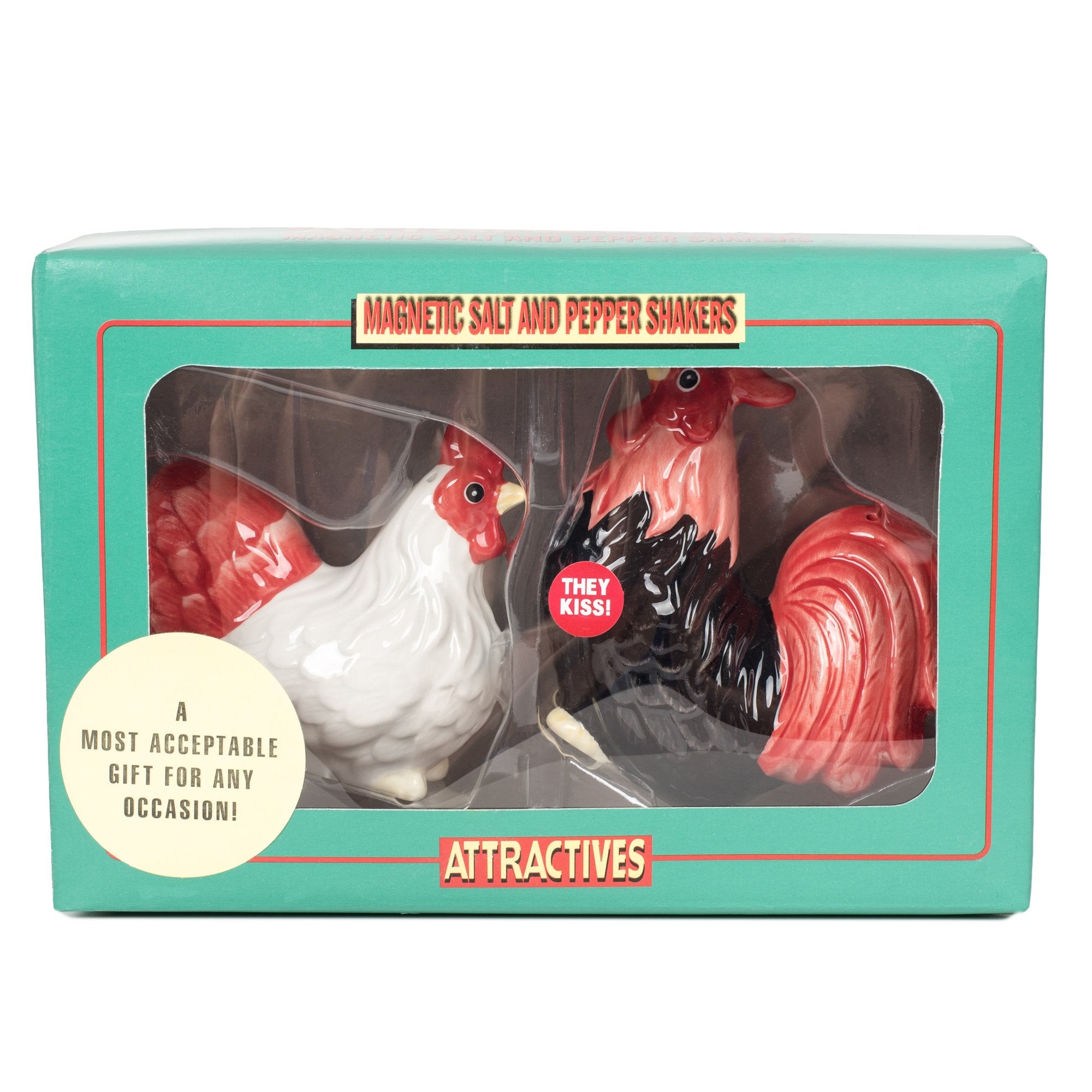 Pacific Giftware hand-painted rooster and hen shakers add colorful charm to meals.
