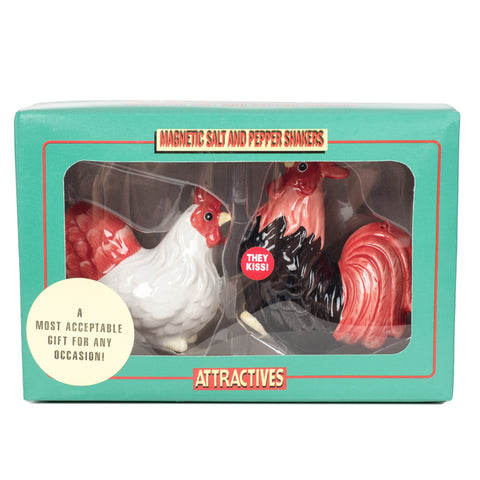 Pacific Giftware hand-painted rooster and hen shakers add colorful charm to meals.