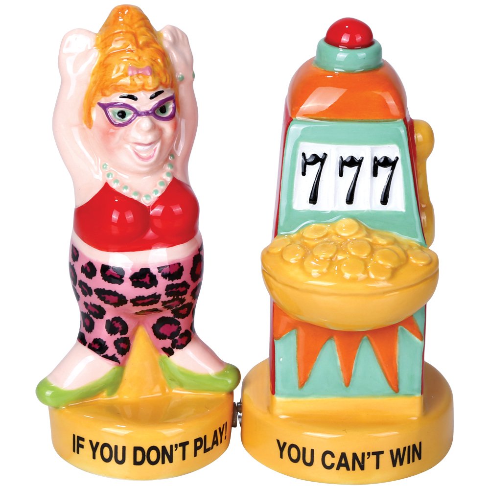 Pacific Giftware Lucky Casino Slot Machine Winner salt and pepper shaker, magnetic ceramic design, ideal for game-night tables.