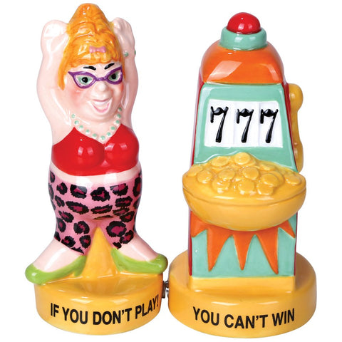 Pacific Giftware Lucky Casino Slot Machine Winner salt and pepper shaker, magnetic ceramic design, ideal for game-night tables.