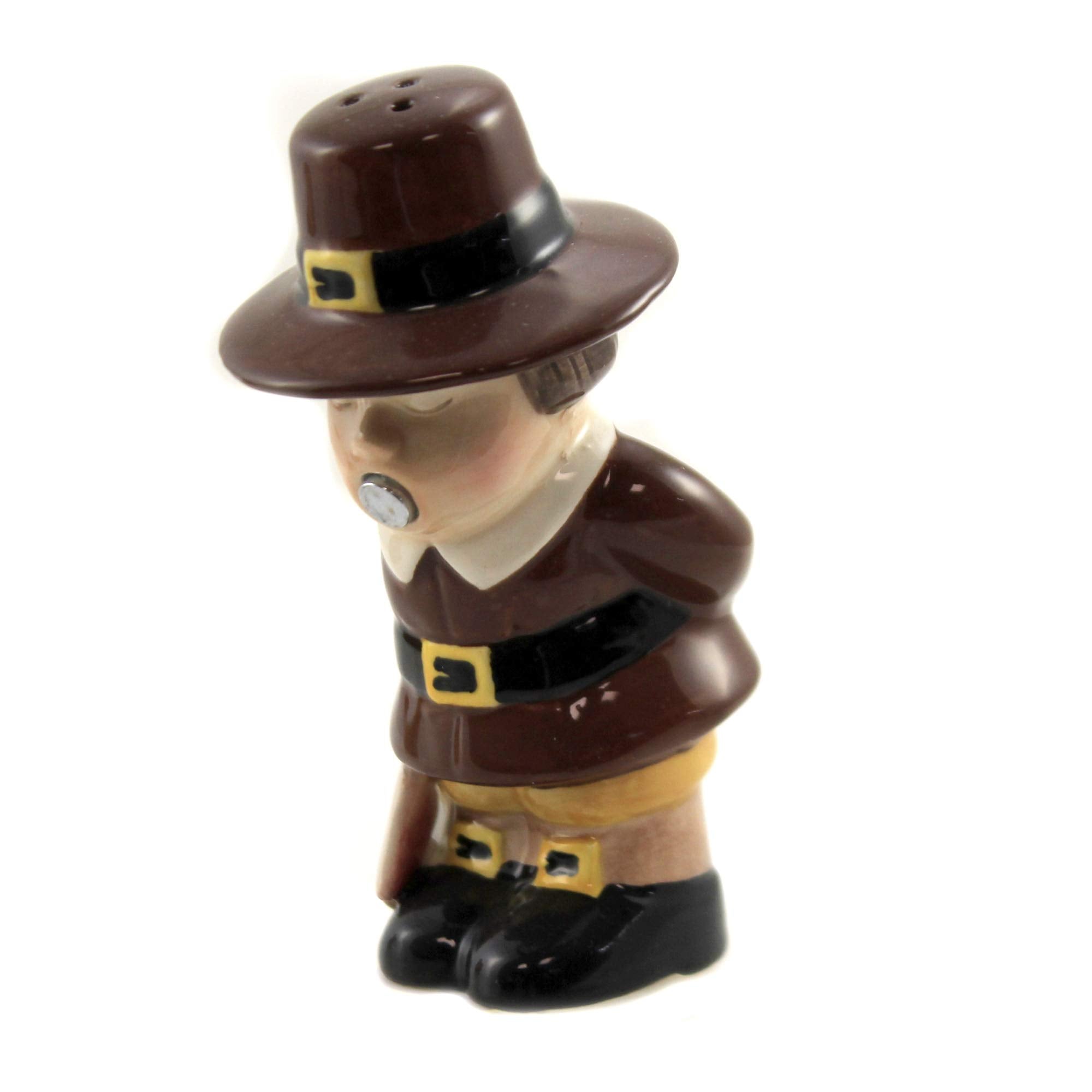 Pacific Giftware pilgrim and turkey magnetic shakers pair keeps spices handy at meals.