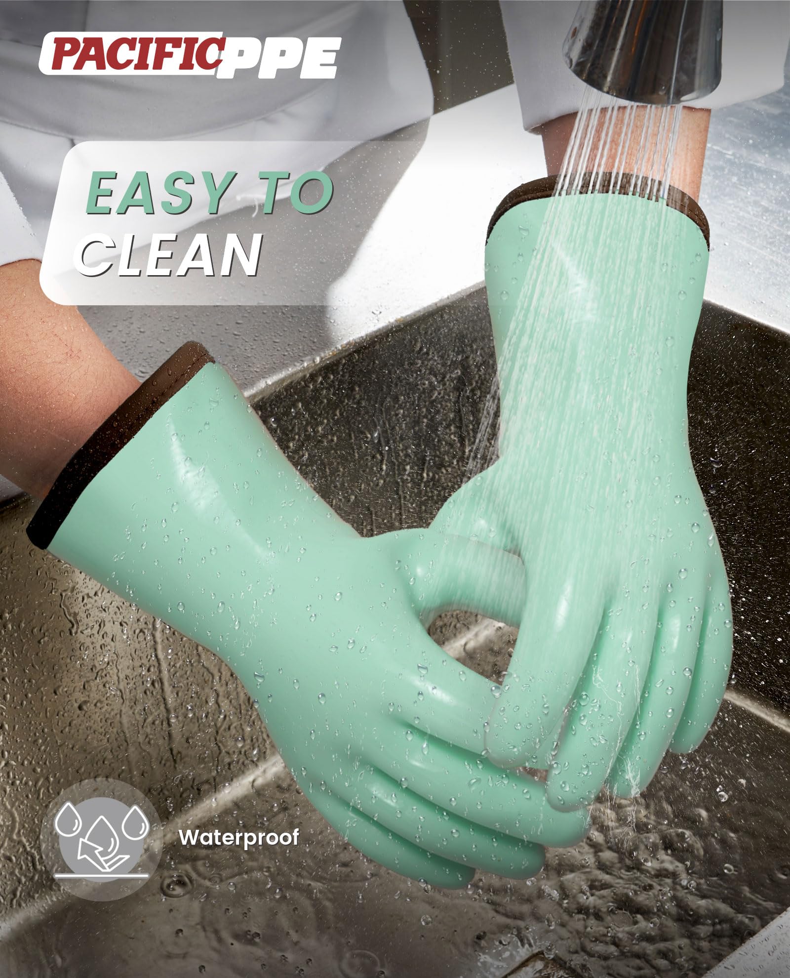 PACIFIC PPE glove extended cuff design protecting forearms from splashes.