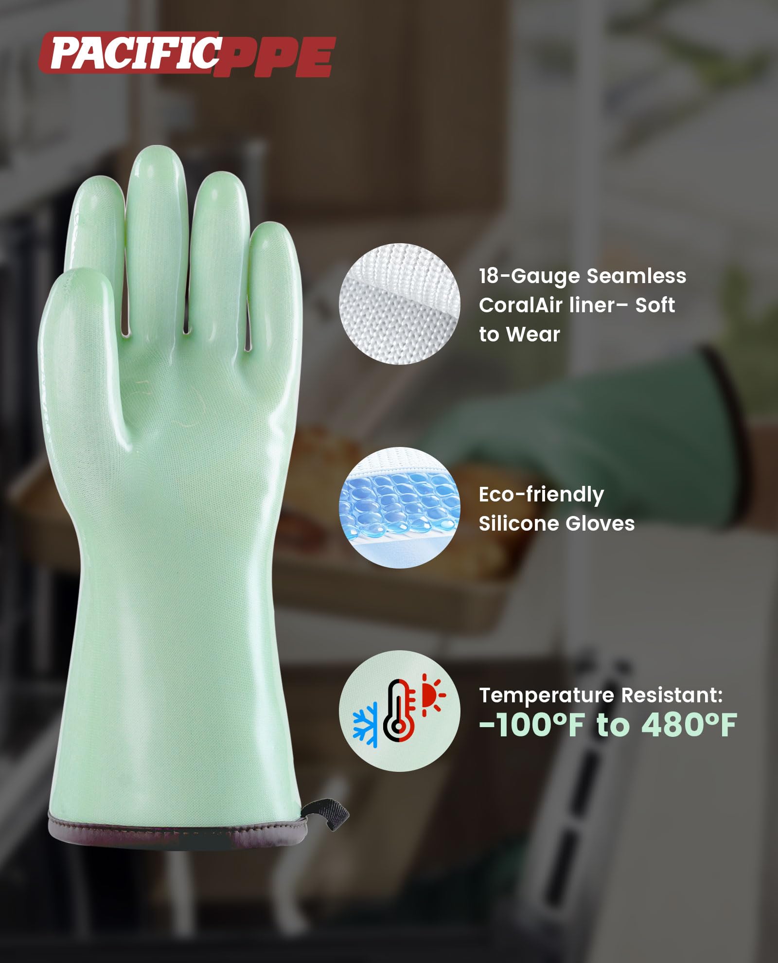 PACIFIC PPE gloves in a cooking setup showing food-grade silicone and odor-free design.