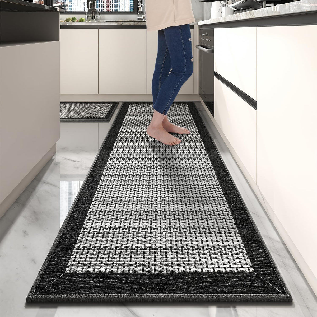 PADOOR kitchen runner rug in black, 25x6ft, adds warmth and grip for busy counters.