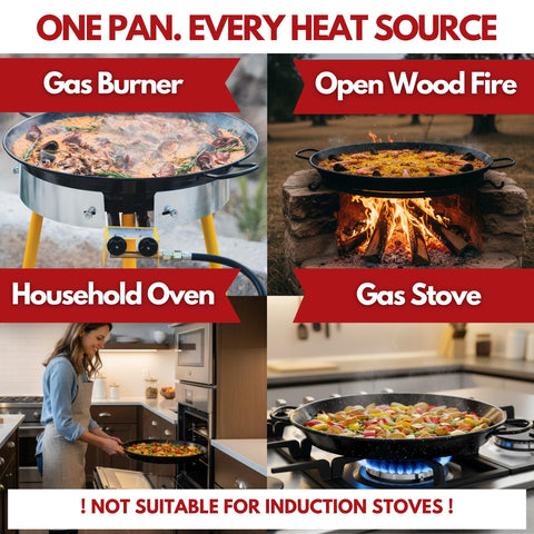 Paelluxe paella pan on grill demonstrates versatile outdoor cooking.