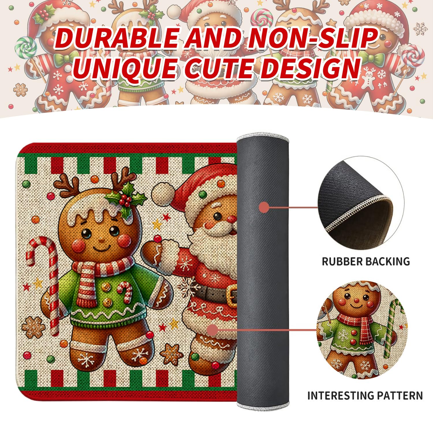 Pahhjsa gingerbread kitchen mat easy to clean with vacuum or hose rinse.