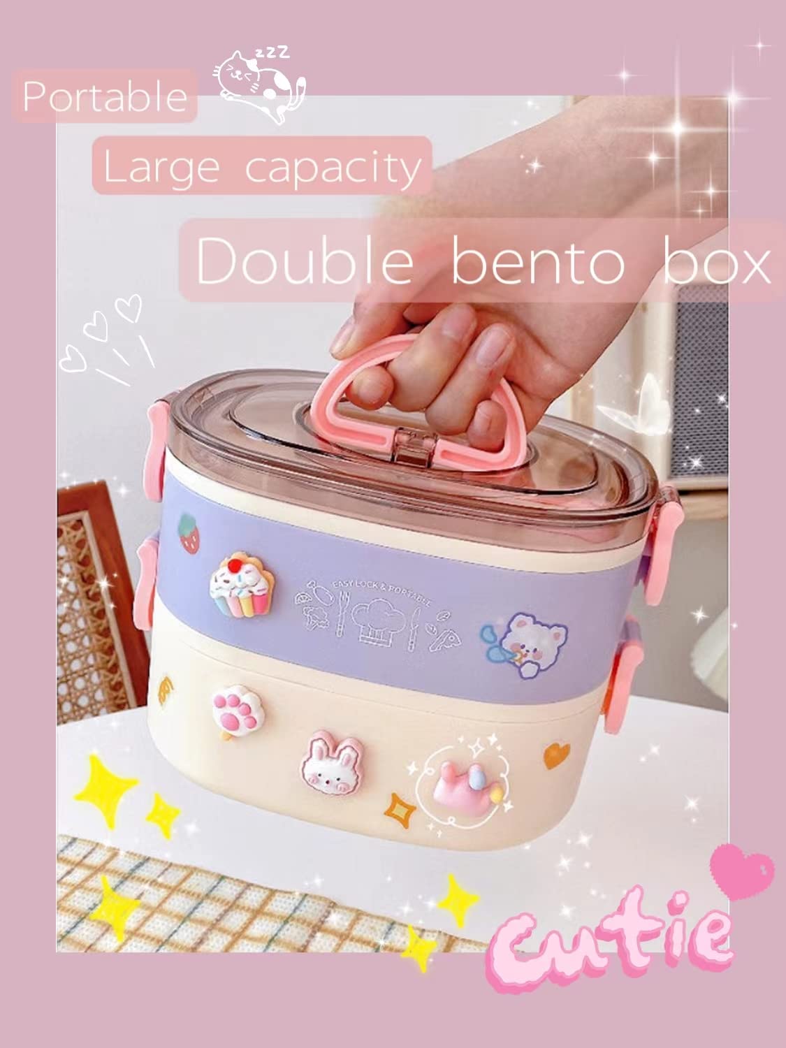 Paidideng Kawaii Bento Box with lid open showing two layers