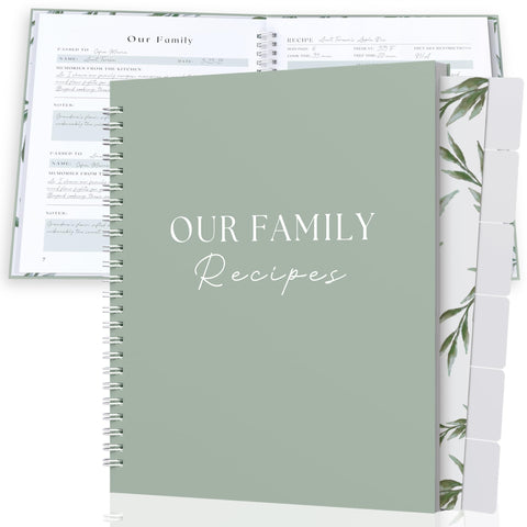 Paige McRae Recipe Book cover in sage showing durable design for a lasting family keepsake