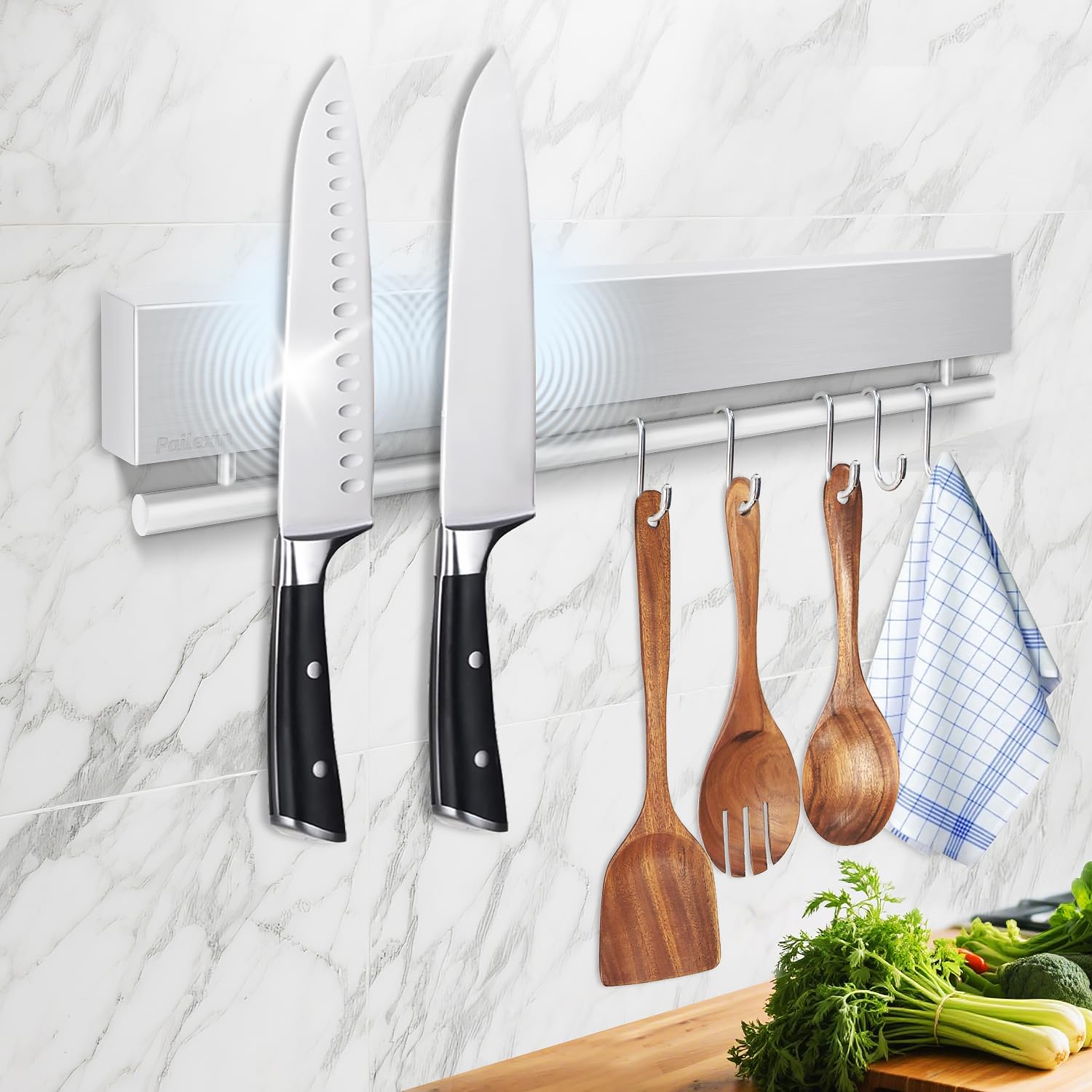 Pailexin 12-inch wall-mounted magnetic knife holder keeps knives within easy reach.