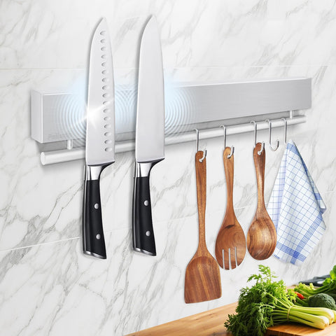 Pailexin 12-inch wall-mounted magnetic knife holder keeps knives within easy reach.