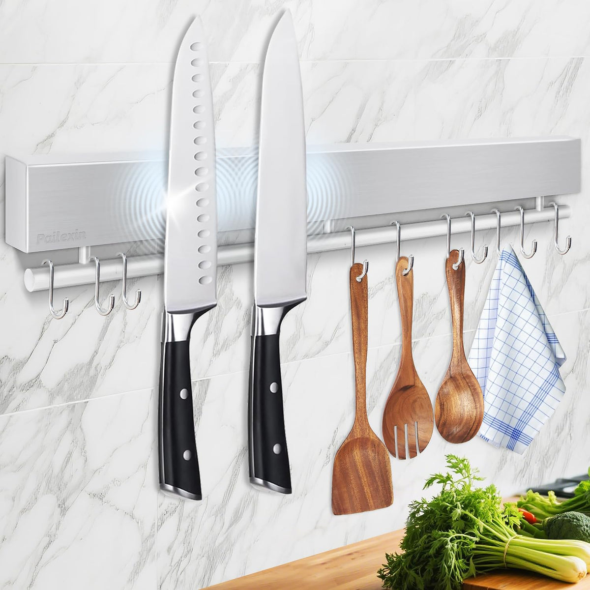 Pailexin 17-inch magnetic knife holder on wall keeps blades accessible.