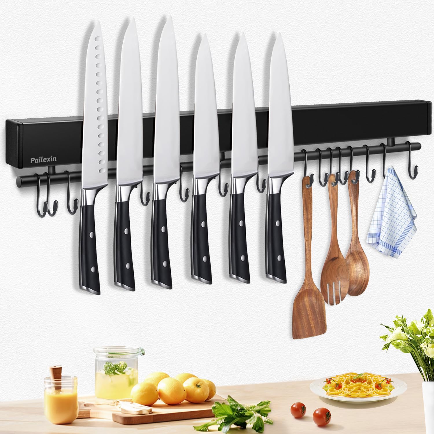 Pailexin 23-inch magnetic knife strip with 15 hooks keeps knives and utensils organized.