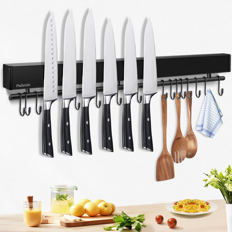Pailexin 23-inch magnetic knife strip with 15 hooks keeps knives and utensils organized.