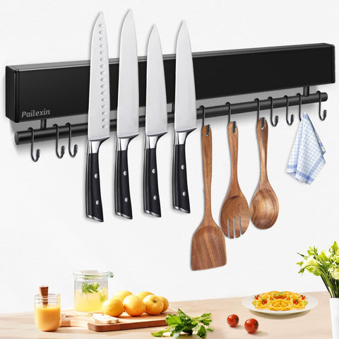 Pailexin knife strip with 10 hooks keeps knives organized and within reach.