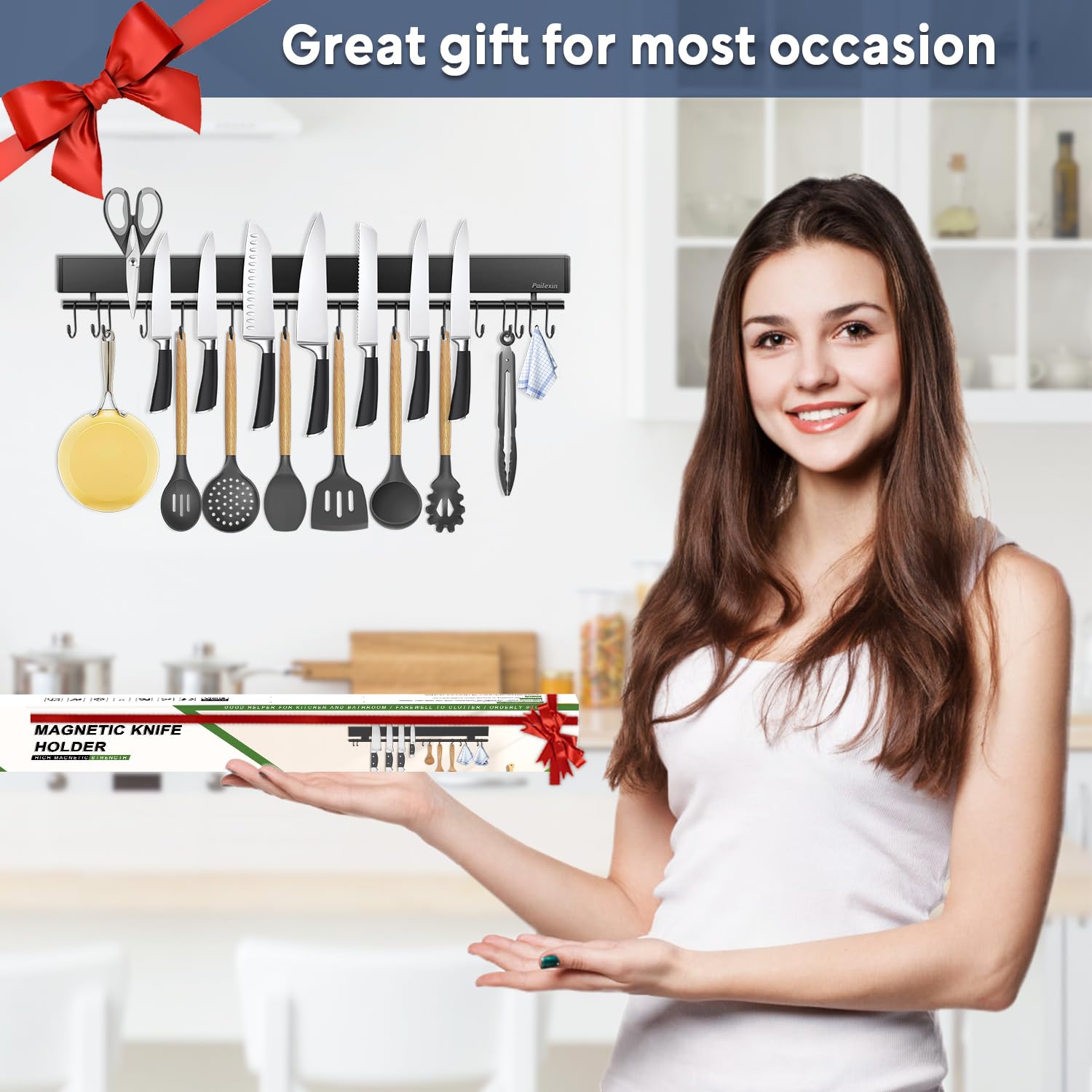 Pailexin organization benefits with hooks and knife storage in a tidy kitchen.