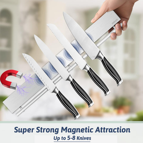 Pailexin screw-mounted magnetic strip provides sturdy wall storage.