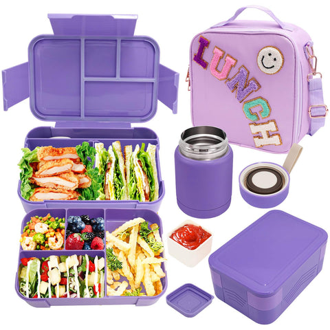 PainZieteg preppy lunch box purple with thermos and bento keeps meals organized for school