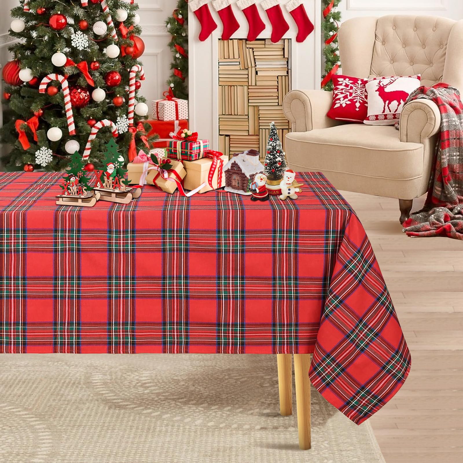 PakiInno buffalo plaid tablecloth in red drapes a festive dining table for family meals