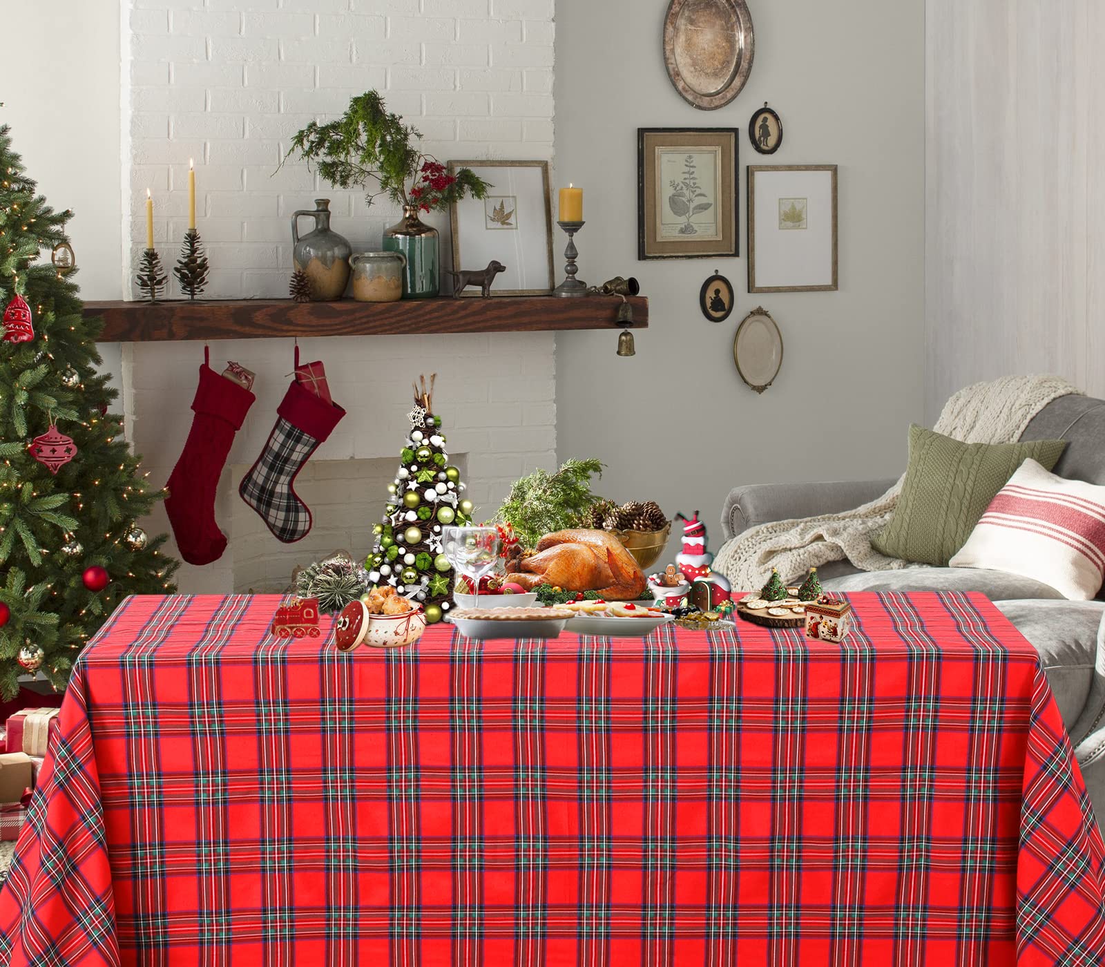 Close-up of edge stitching on PakiInno buffalo plaid tablecloth shows durable finish