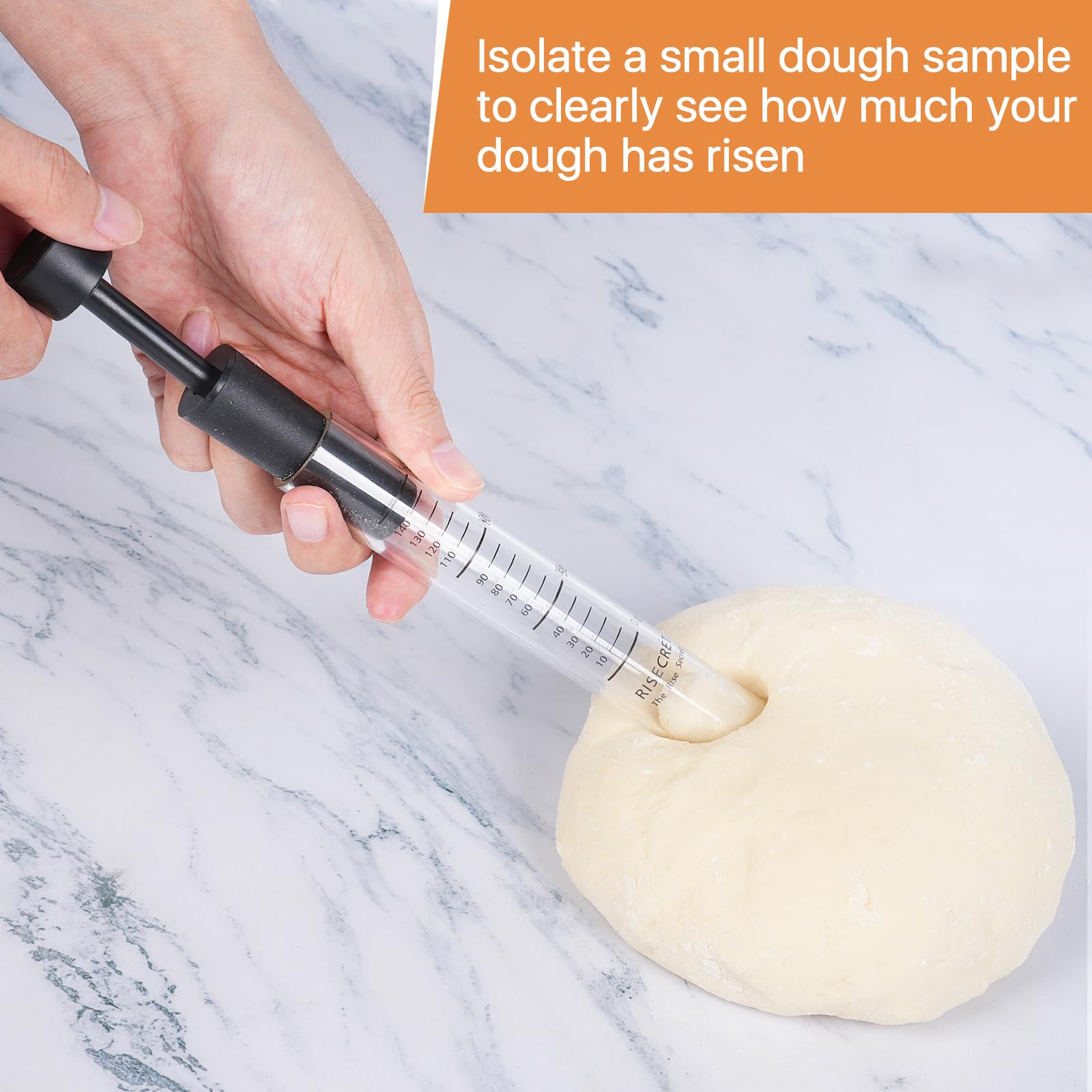 Pakusane aliquot jar shows 10–150% rise markings for visual dough rise progress.
