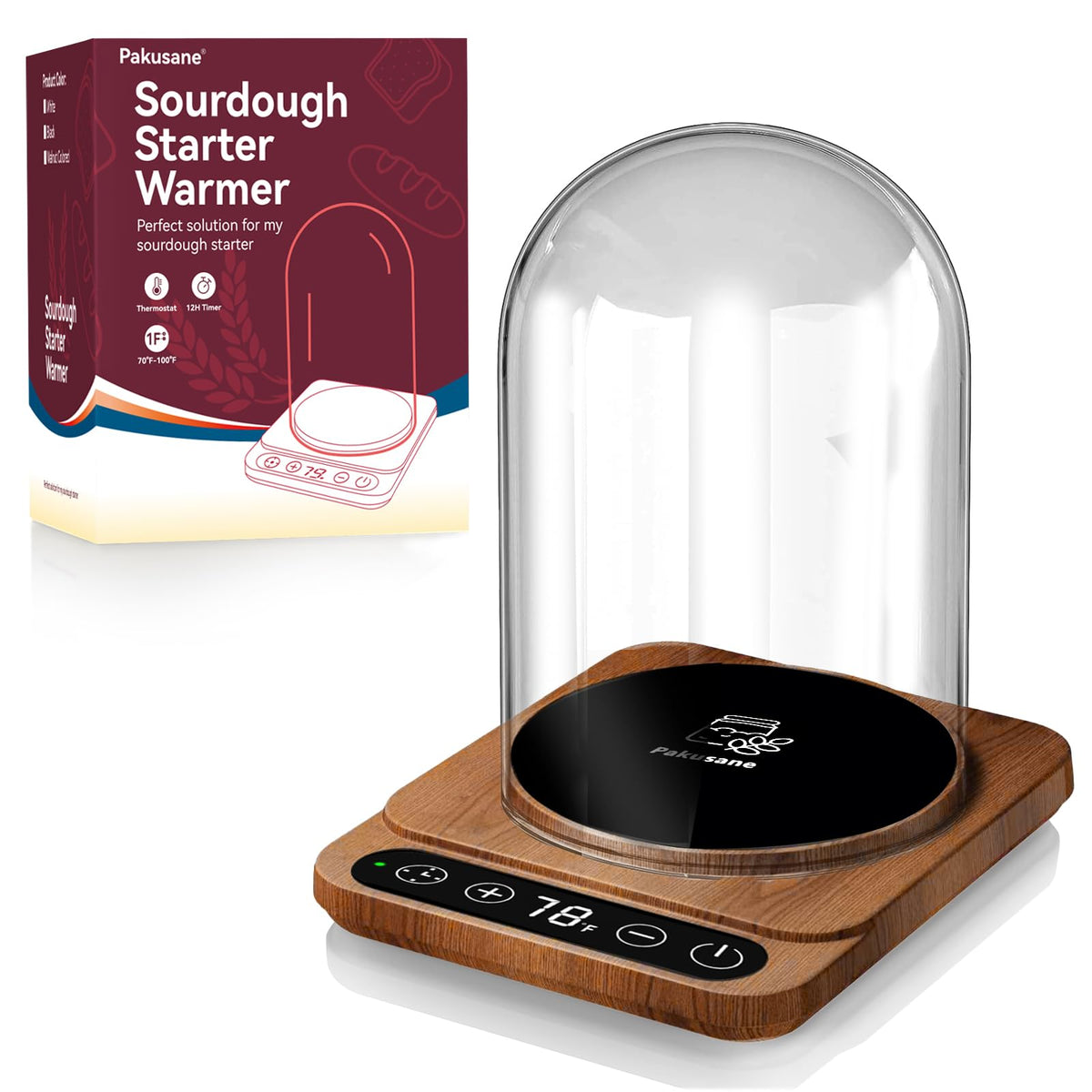 Pakusane Sourdough Starter Warmer with large glass dome maintaining consistent fermentation warmth.
