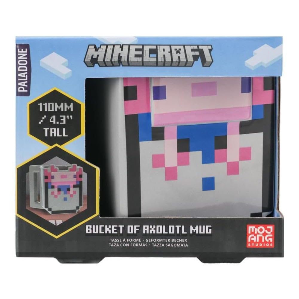 Paladone Bucket of Axolotl Mug front view for Minecraft-inspired desk fun and satisfied gaming sessions.