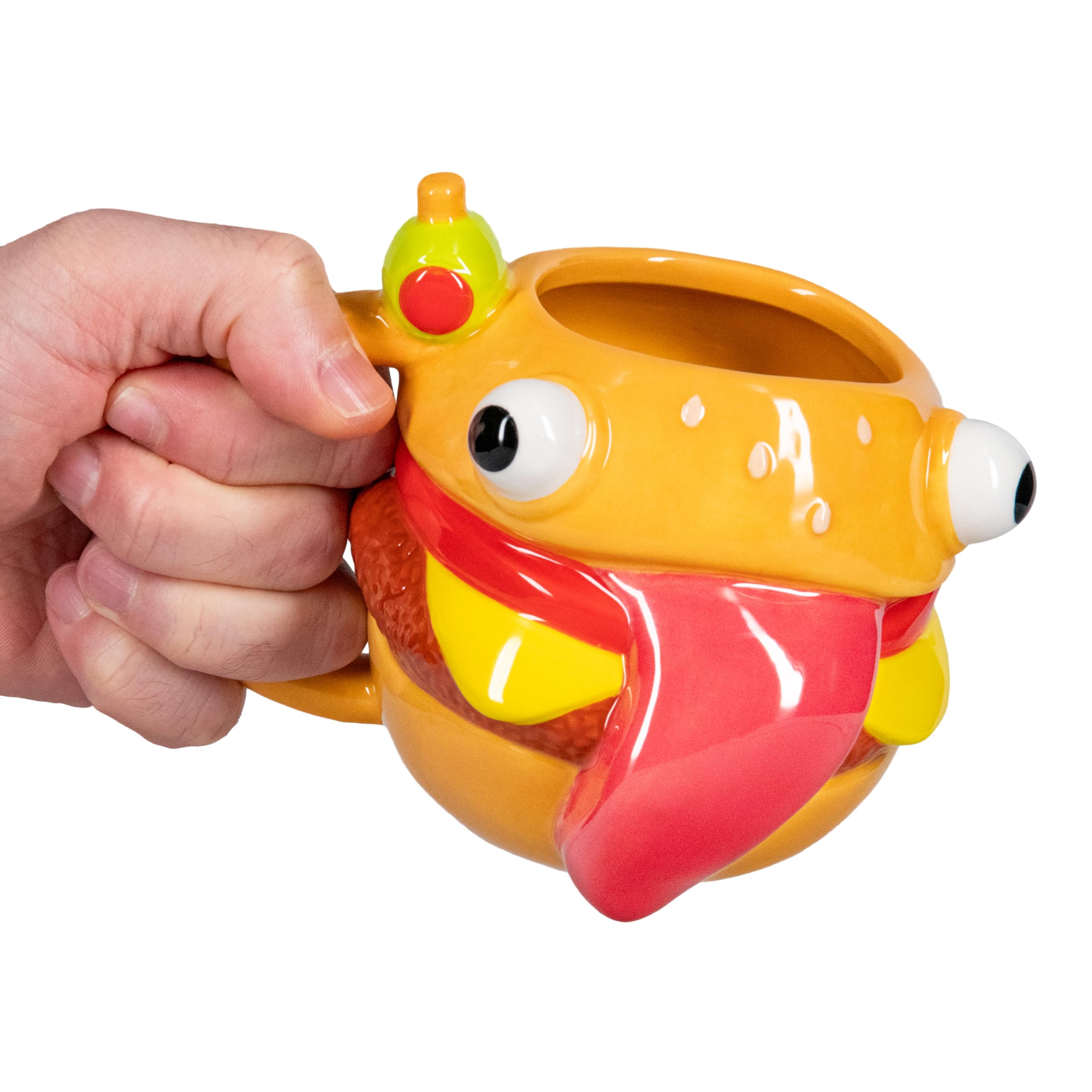 Close-up of glossy ceramic texture on Paladone Durrr Burger mug highlighting game-inspired charm.