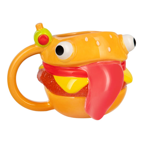 Paladone Durrr Burger mug held to show its 450ml capacity for bold beverages.