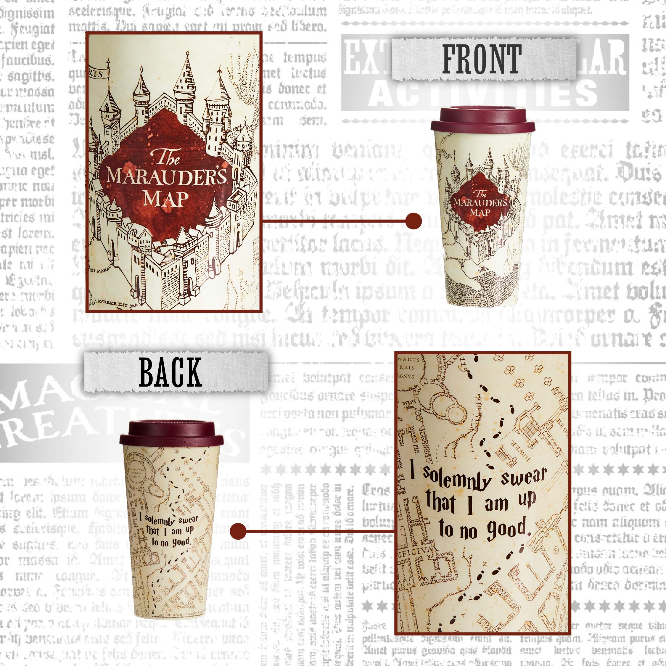 Paladone Harry Potter mug in use with hot coffee for desk or commute.