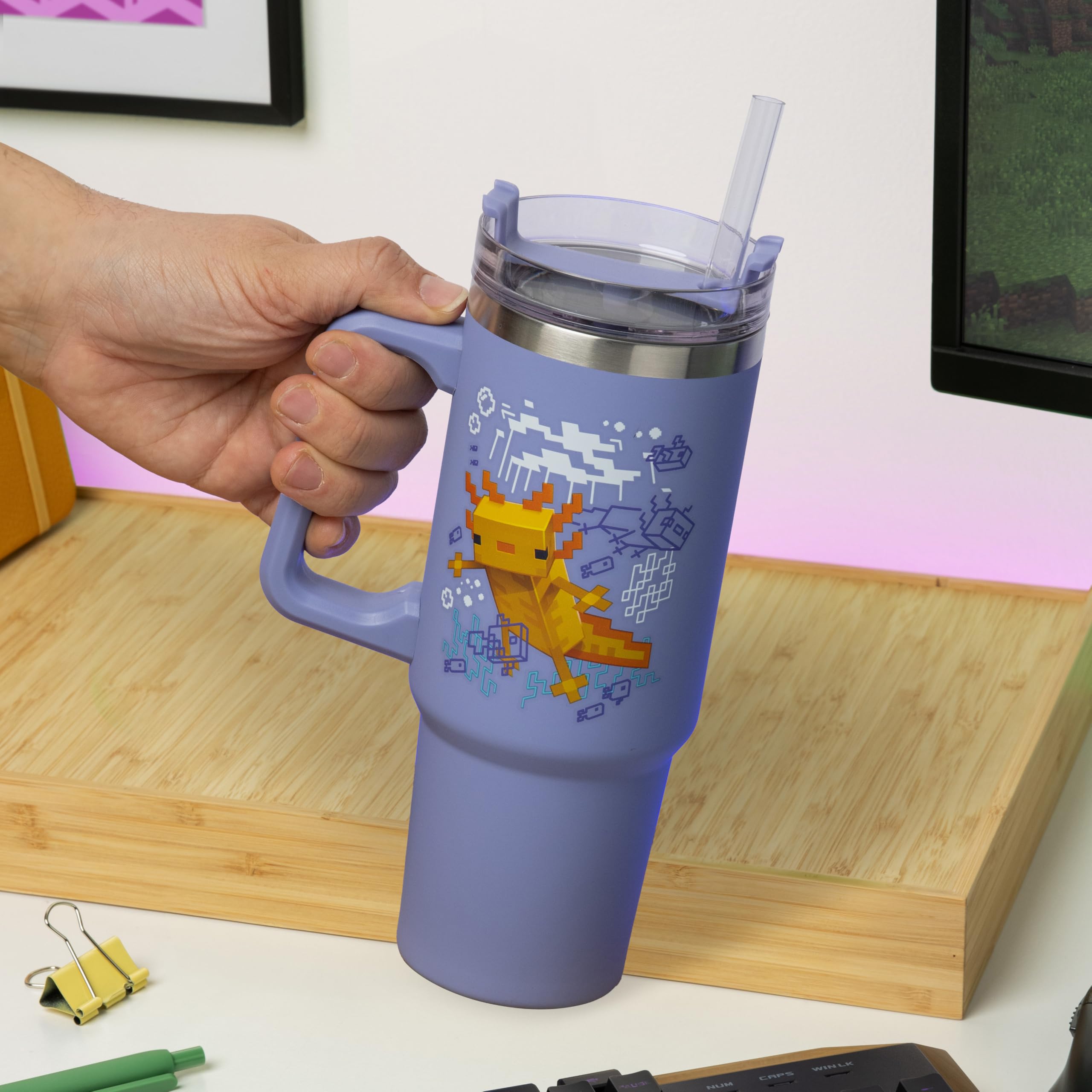 Paladone Minecraft Axolotl cup handle enables comfortable carrying during commutes