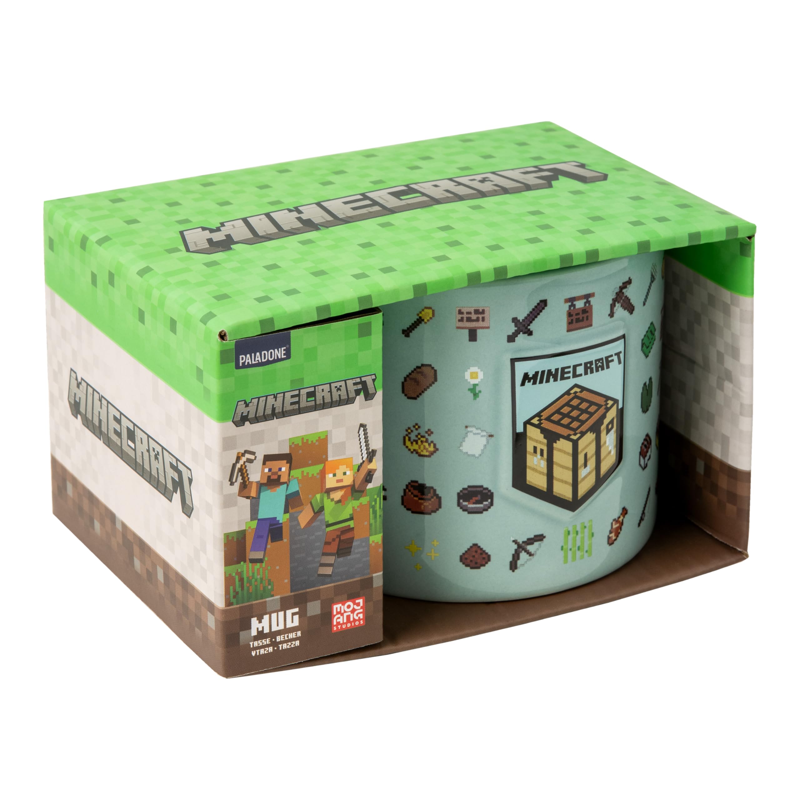 Paladone Minecraft mug featuring embossed Earth Block, perfect for hot chocolate and game nights.